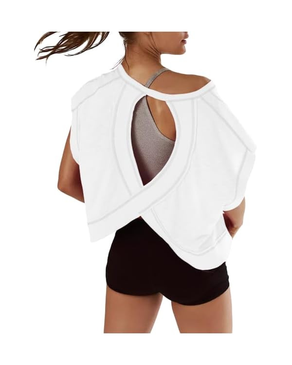 Women Short Sleeve Workout Shirts Open Back Tops Casual Yoga Y2k Athletic Gym Slouchy Crop Runnin... | Amazon (US)