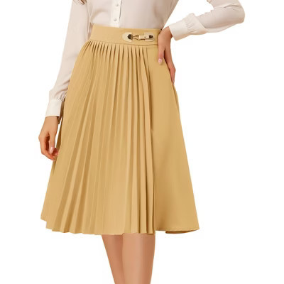 INSPIRE CHIC Women's Pleated Retro High Waist Belted Decor A-line Skirt Khaki Small | Target