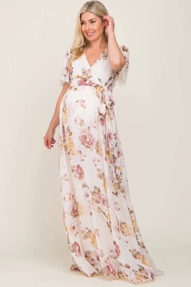 Cream Floral Chiffon Wrap Short Sleeve Maternity Maxi Dress | PinkBlush Maternity