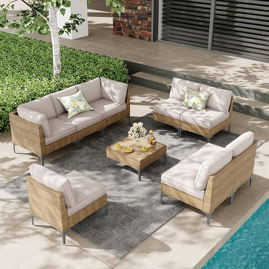 9-Piece Patio Furniture Set, Outdoor Wicker Sectional Sofa with Coffee Table, Anti-Slip & Thick A... | Amazon (US)