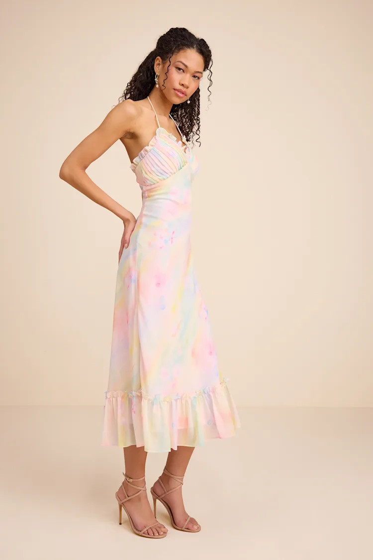 Jamaya Multi Abstract Floral Lace-Up Midi Dress | Lulus