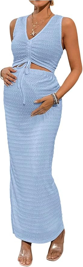 Milumia Women's Maternity 2 Piece Outfits Textured Drawstring Tie Knot Tank Top Bodycon Maxi Skir... | Amazon (US)