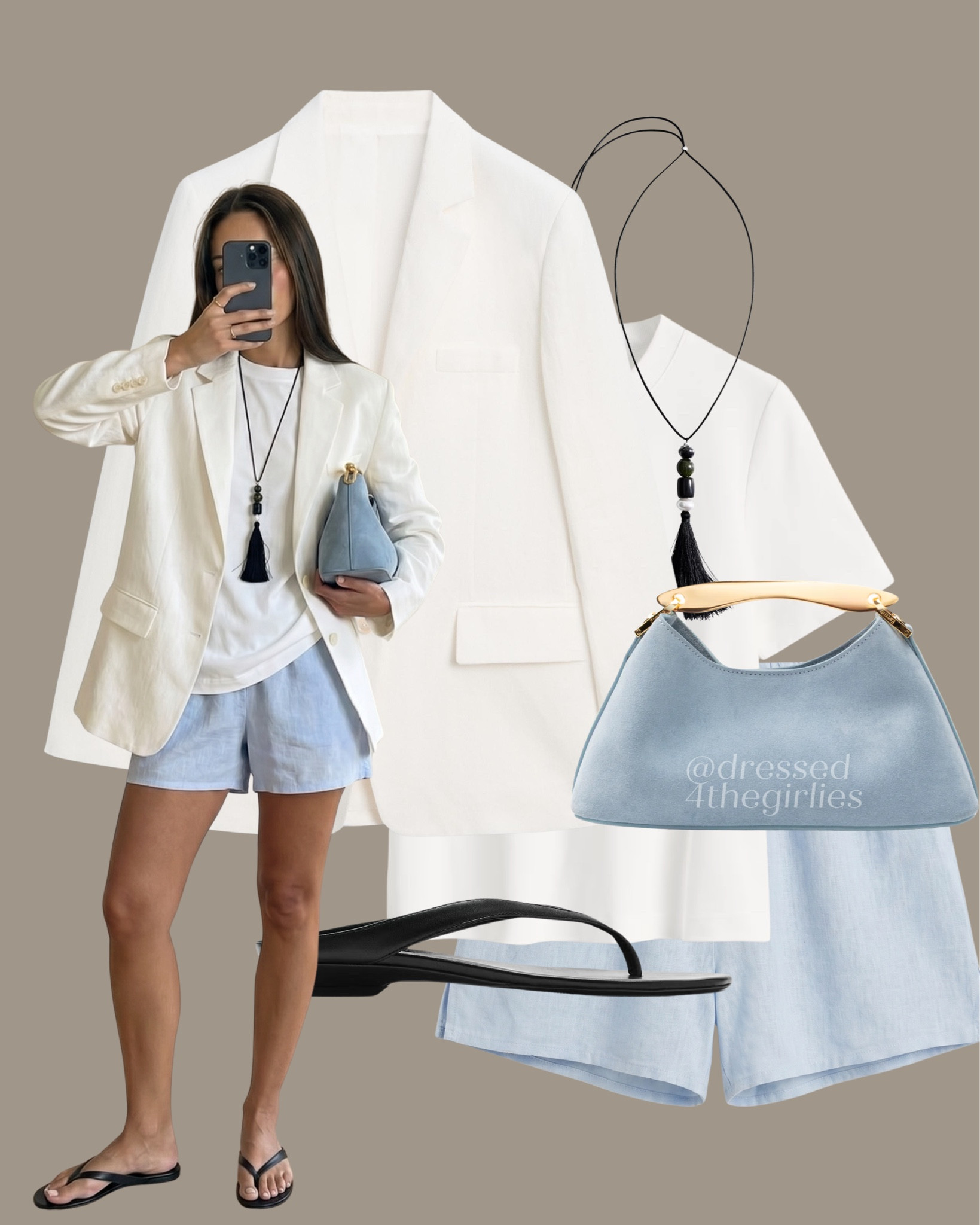 Linen blazer outfit🩵

Tags: white blazer outfit, powder blue shorts outfit, white t-shirt outfit, blue clutch bag outfit, black sandals outfit, long necklace, summer holiday vacation outfit, spring outfit 

#LTKsummer #LTKspring #LTKuk