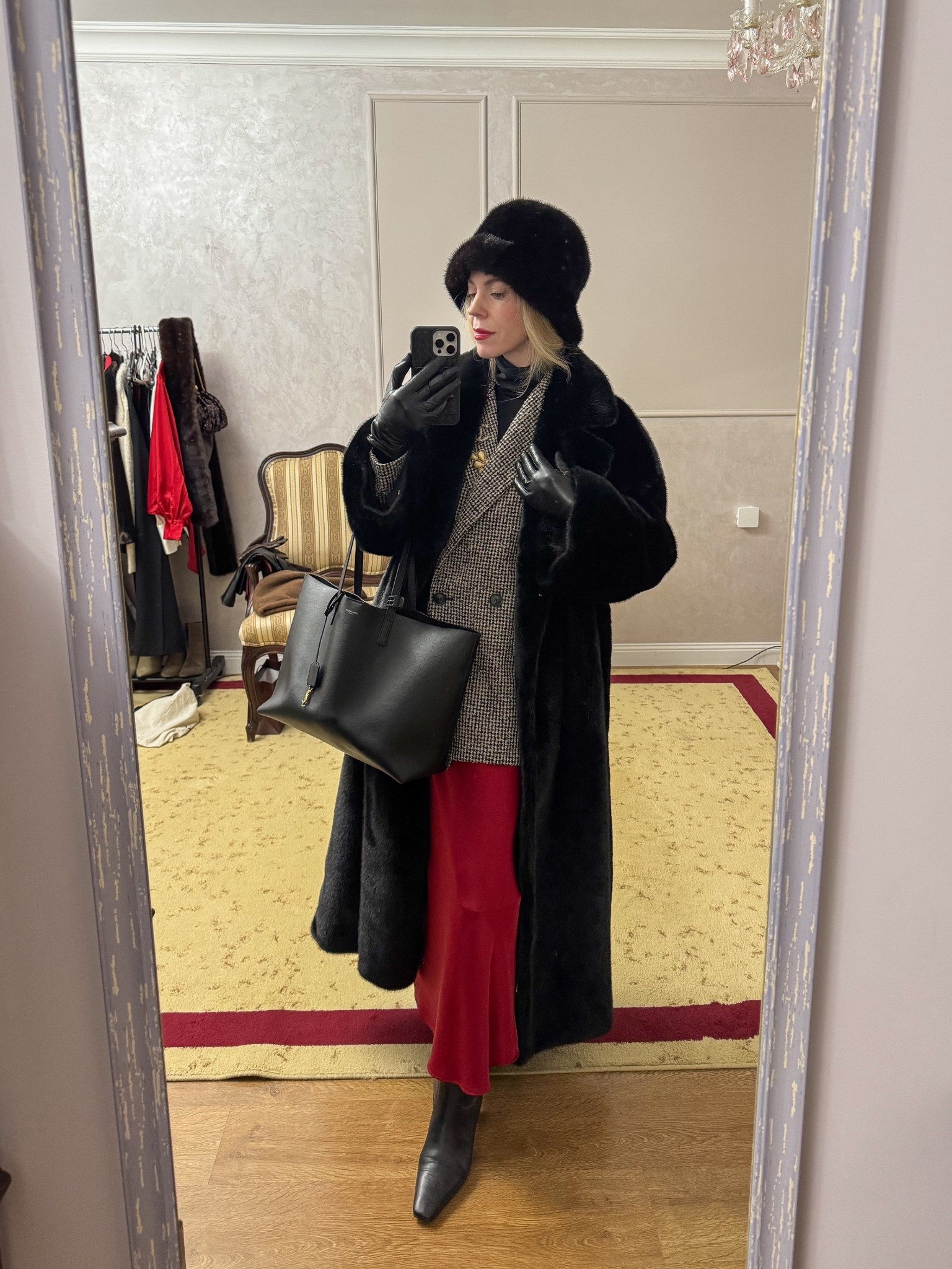 Winter work wear, fur bucket hat, tweed blazer, red satin skirt, YSL tote bag, office look, style over 40

#LTKWorkwear #LTKOver40 #LTKFindsUnder100