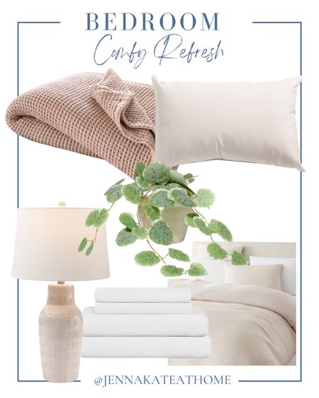 Update your bedroom this summer with light neutral pinks with new comforter, throw blanket, throw pillows, lamps, white sheets, and artificial greenery. Coastal style home decor.

#LTKFamily #LTKHome