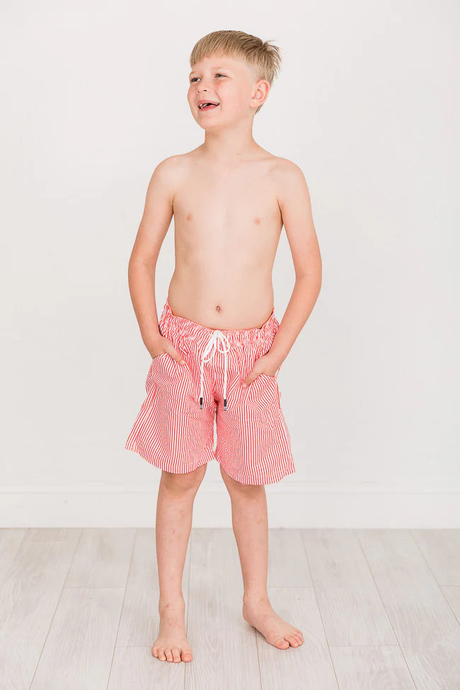 Bungalow Babe Boys Red Stripe Swim Trunks | Pink Lily