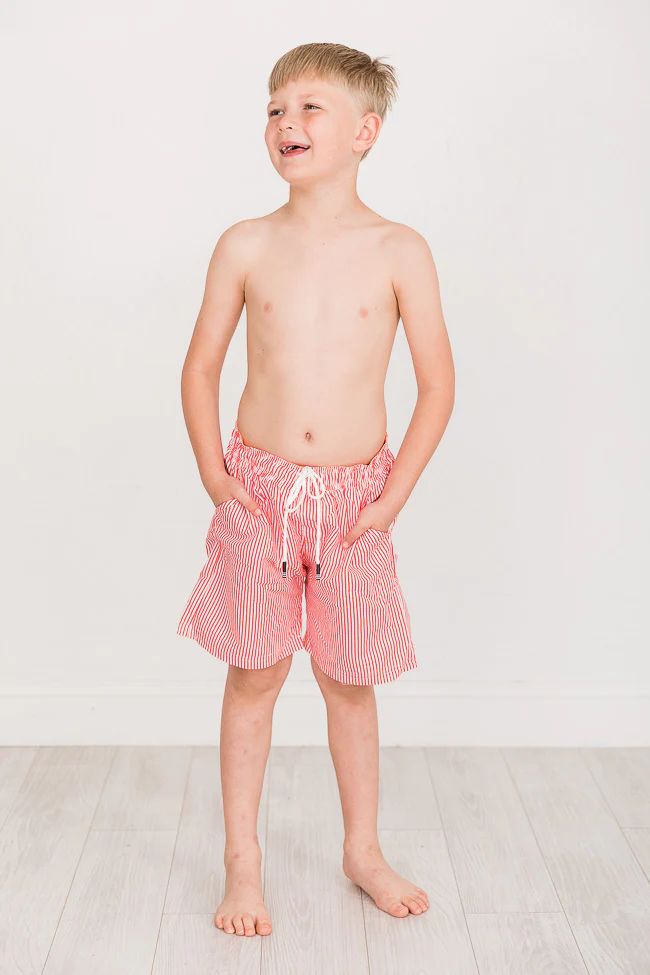 Bungalow Babe Boys Red Stripe Swim Trunks | Pink Lily