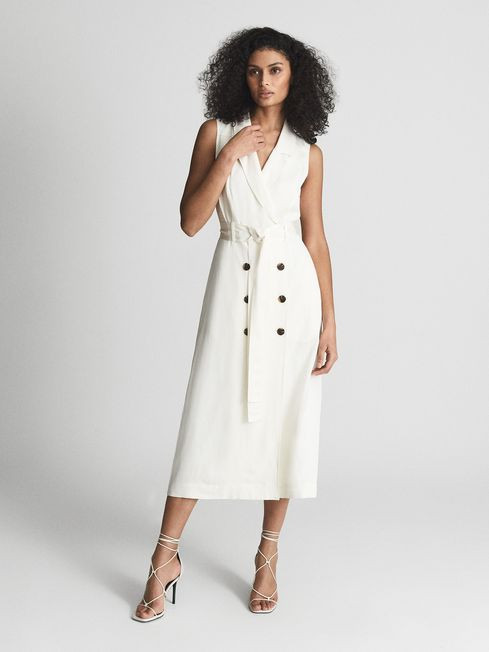 Linen Belted Button Midi Dress | Reiss UK