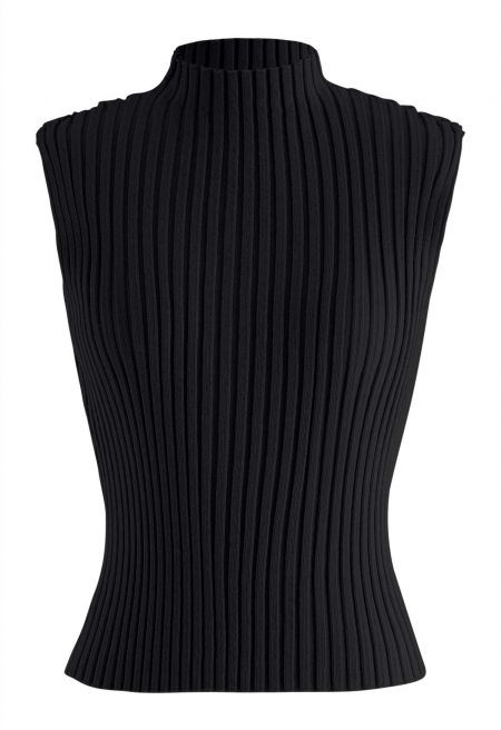 Mock Neck Sleeveless Rib Knit Top in Black | Chicwish
