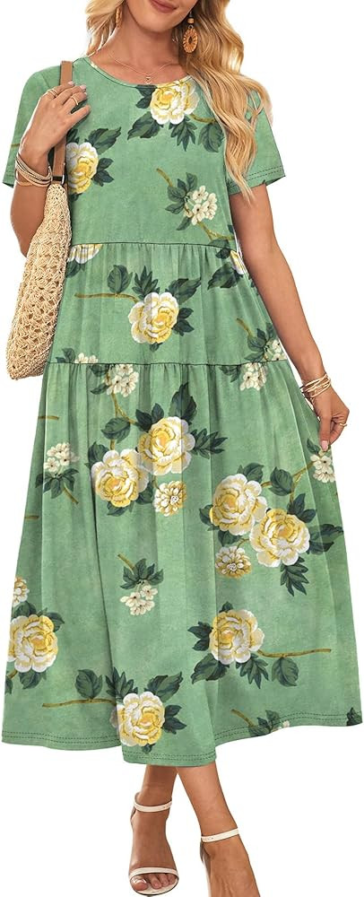 OFEEFAN Maxi Dress Casual Dresses for Women Crew Neck Short Sleeve Tiered Dress with Pockets | Amazon (US)