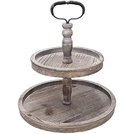 HYGGEISM Two Tier Tray Distressed Wood 2 Tiered Serving Tray Farmhouse, 15" Decorative Wooden Rustic | Amazon (US)