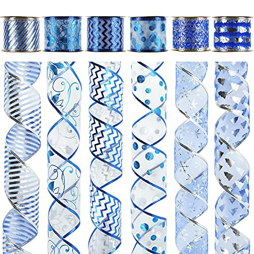MEEDEE Blue Ribbon for Christmas Tree 2.5 Inch 6 Rolls 36 Yards Royal Blue Ribbon for Christmas Tree Christmas Ribbon Set Ribbon for Christmas Tree Decoration Blue Snowflake Ribbon | Amazon (US)