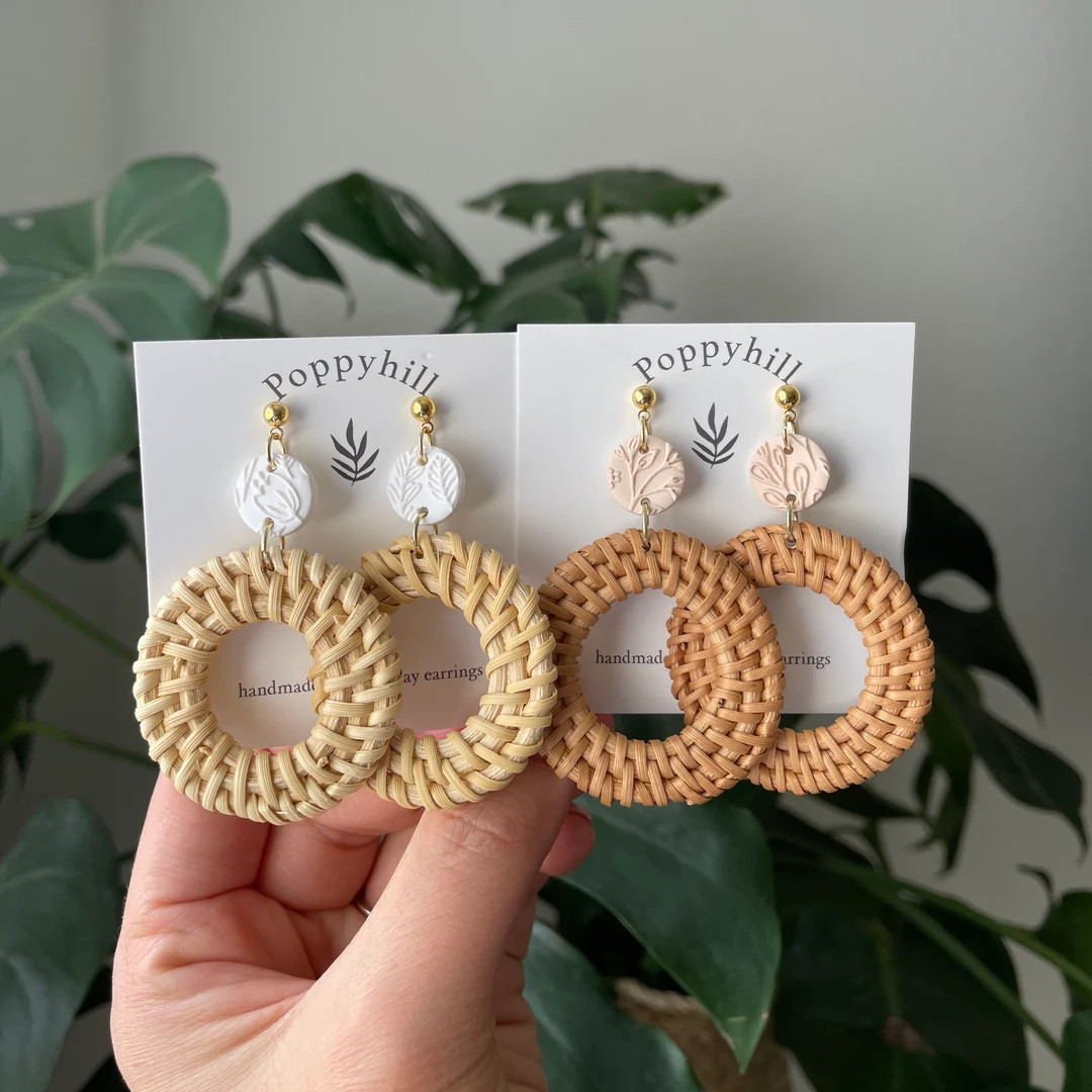 The Rattan Collection Clay and Rattan Floral White Handmade Polymer Clay Statement Earrings - Ets... | Etsy (US)
