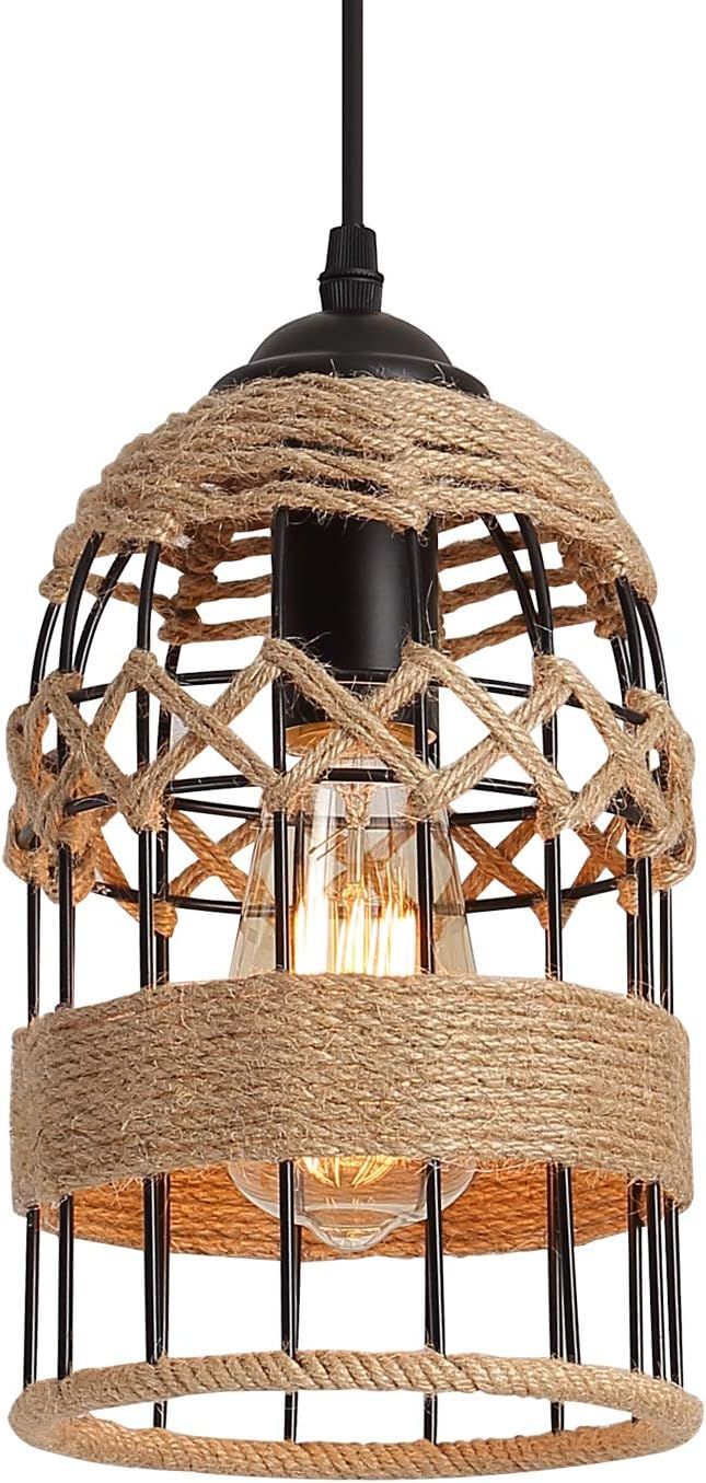 Rustic Woven Cage Pendant Light, One-Light Industrial Metal Hemp Rope Mini Pendant Lighting Fixtu... | Amazon (US)