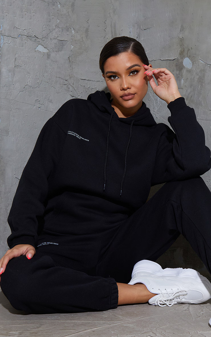 PRETTYLITTLETHING Logo Black Est 2012 Oversized Fit Hoodie | PrettyLittleThing US