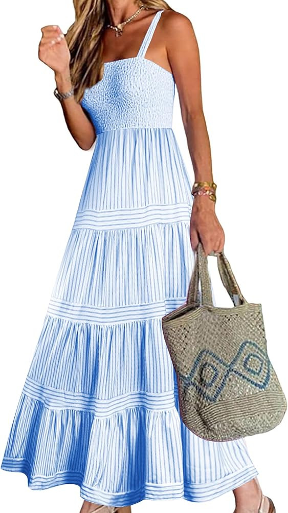 Womens Summer Maxi Sundresses 2025 Striped Long Beach Flowy Tiered Sun Dresses | Amazon (US)