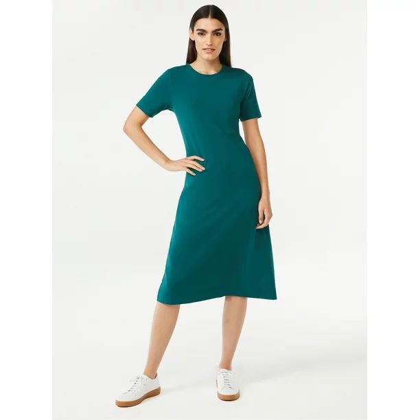 Free Assembly Women's Fit and Flare Midi T-Shirt Dress with Short Sleeves - Walmart.com | Walmart (US)