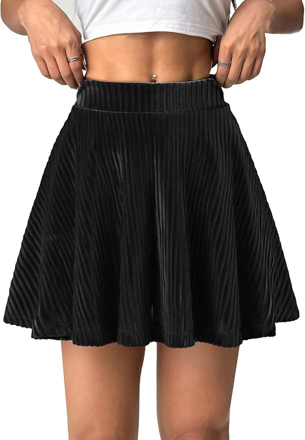Women's Velvet Mini Skirts High Waisted Pleated Skirt with Shorts Underneath Stretchy Elastic Wai... | Amazon (US)
