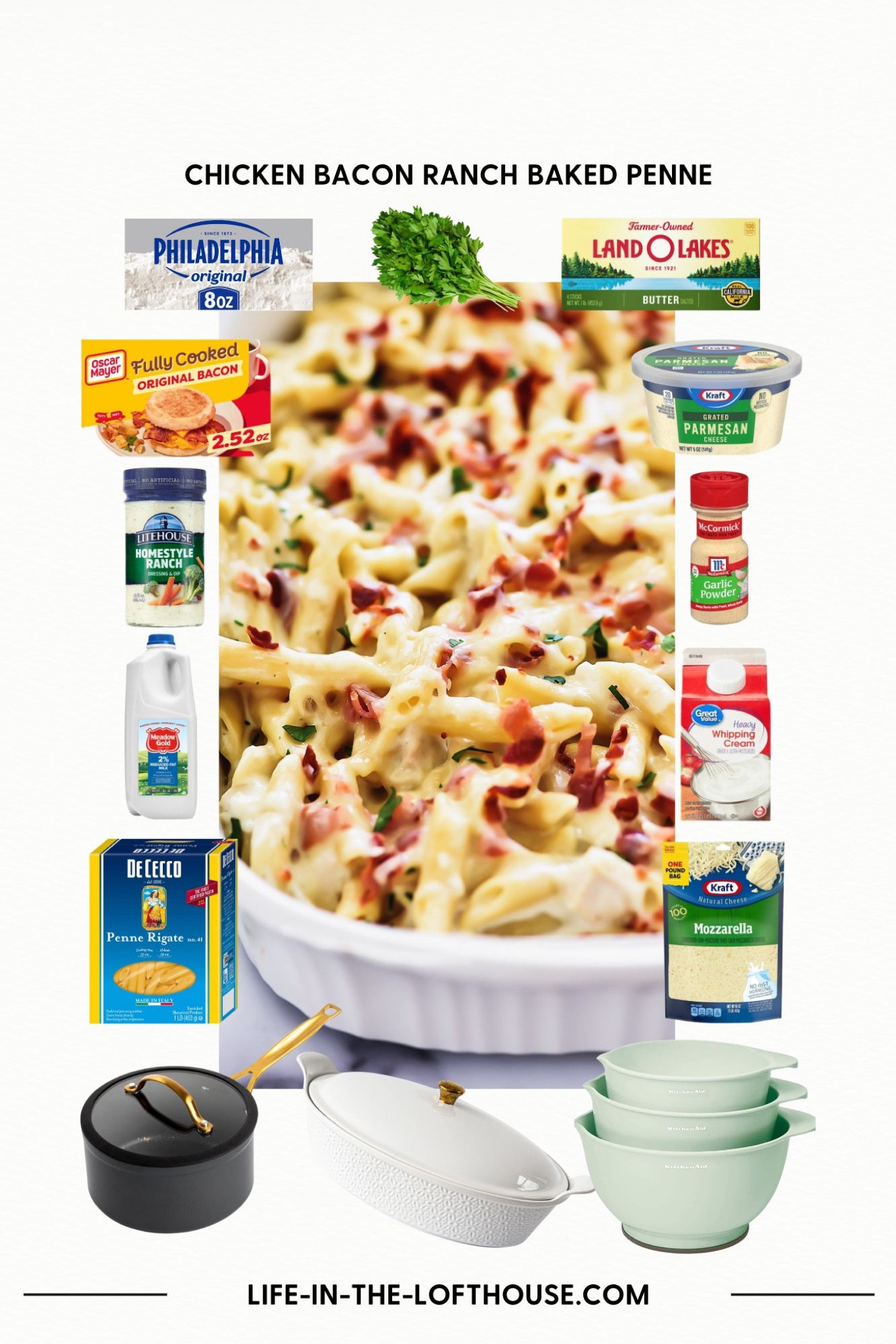 Super delicious Chicken Bacon Ranch Baked Penne! Everything you need linked here! Full recipe at https://life-in-the-lofthouse.com/chicken-bacon-ranch-baked-penne/
Ingredients, recipe, groceries, Walmart

#LTKhome #LTKfamily