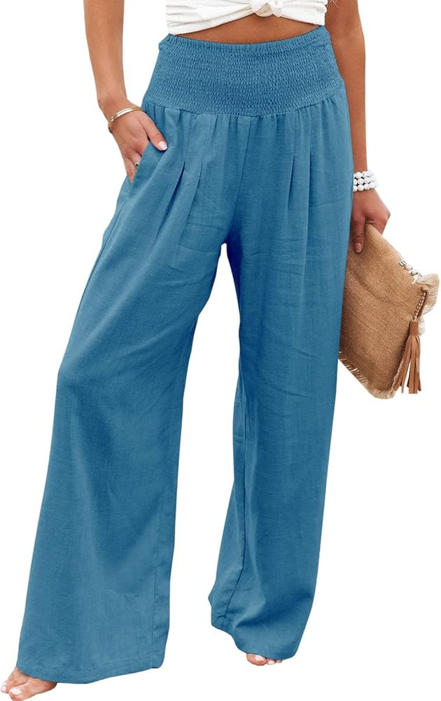 Vansha Women Summer High Waisted Cotton Linen Palazzo Pants Wide Leg Long Lounge Pant Trousers wi... | Amazon (US)