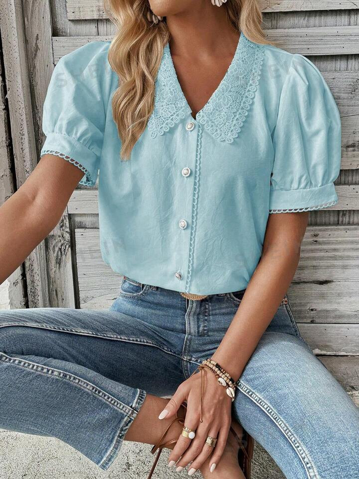 SHEIN Essnce Holiday And Leisure Solid Color Lace Patchwork Puff Sleeve Blouse | SHEIN USA | SHEIN