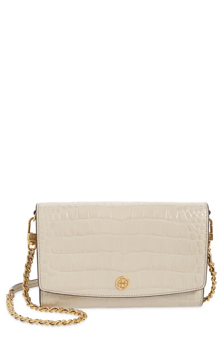 Tory Burch Robinson Croc Embossed Leather Wallet on a Chain | Nordstrom | Nordstrom