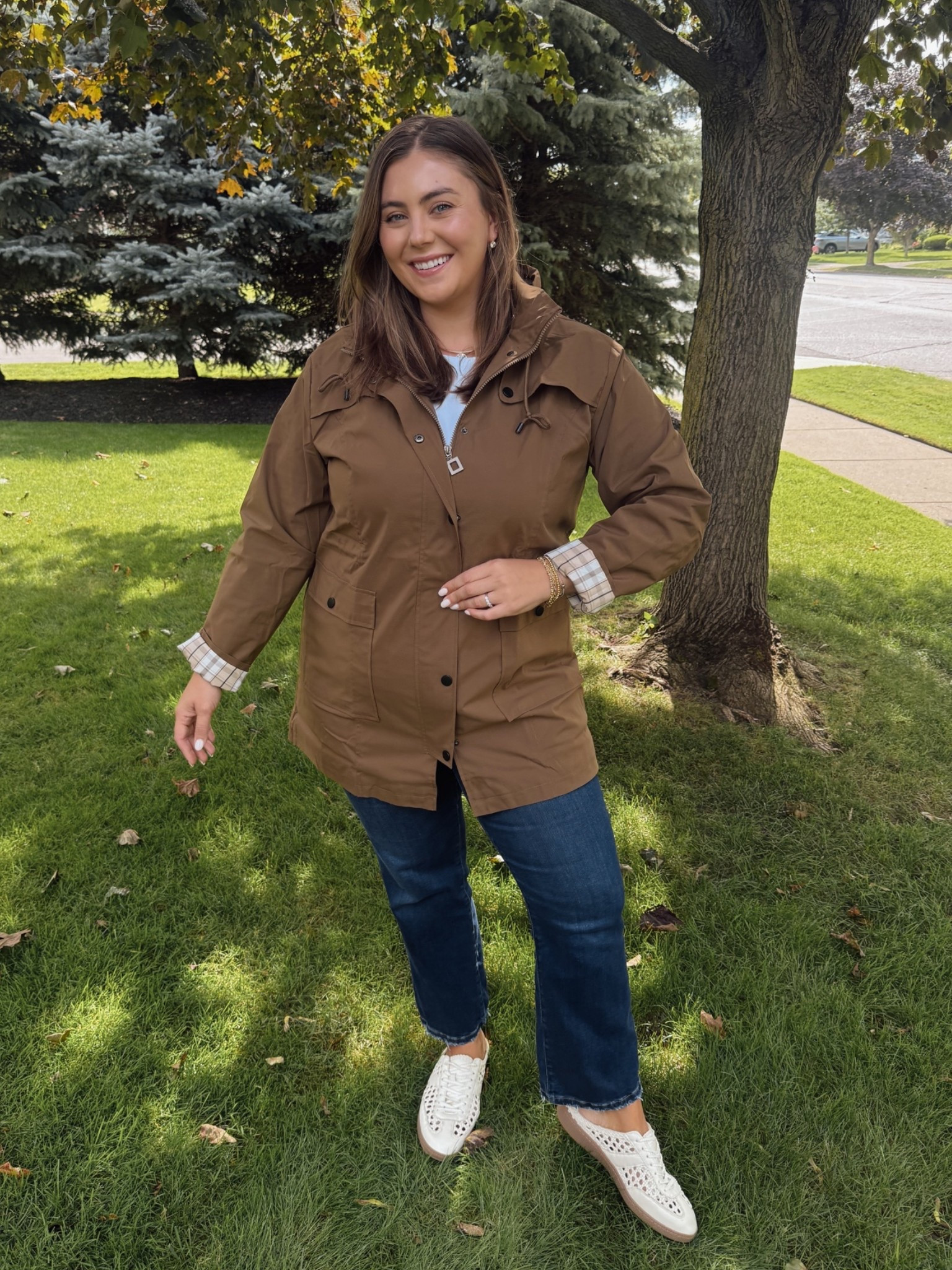 Fall jacket / rain coat / hooded lightweight coat / wearing size XXL in rain coat, 2X in tee (use CARALYN15 on your first order at Spanx), and 16Plus in jeans (use CARALYN15 at Good American)

#LTKootd #LTKSeasonal #LTKPlusSize