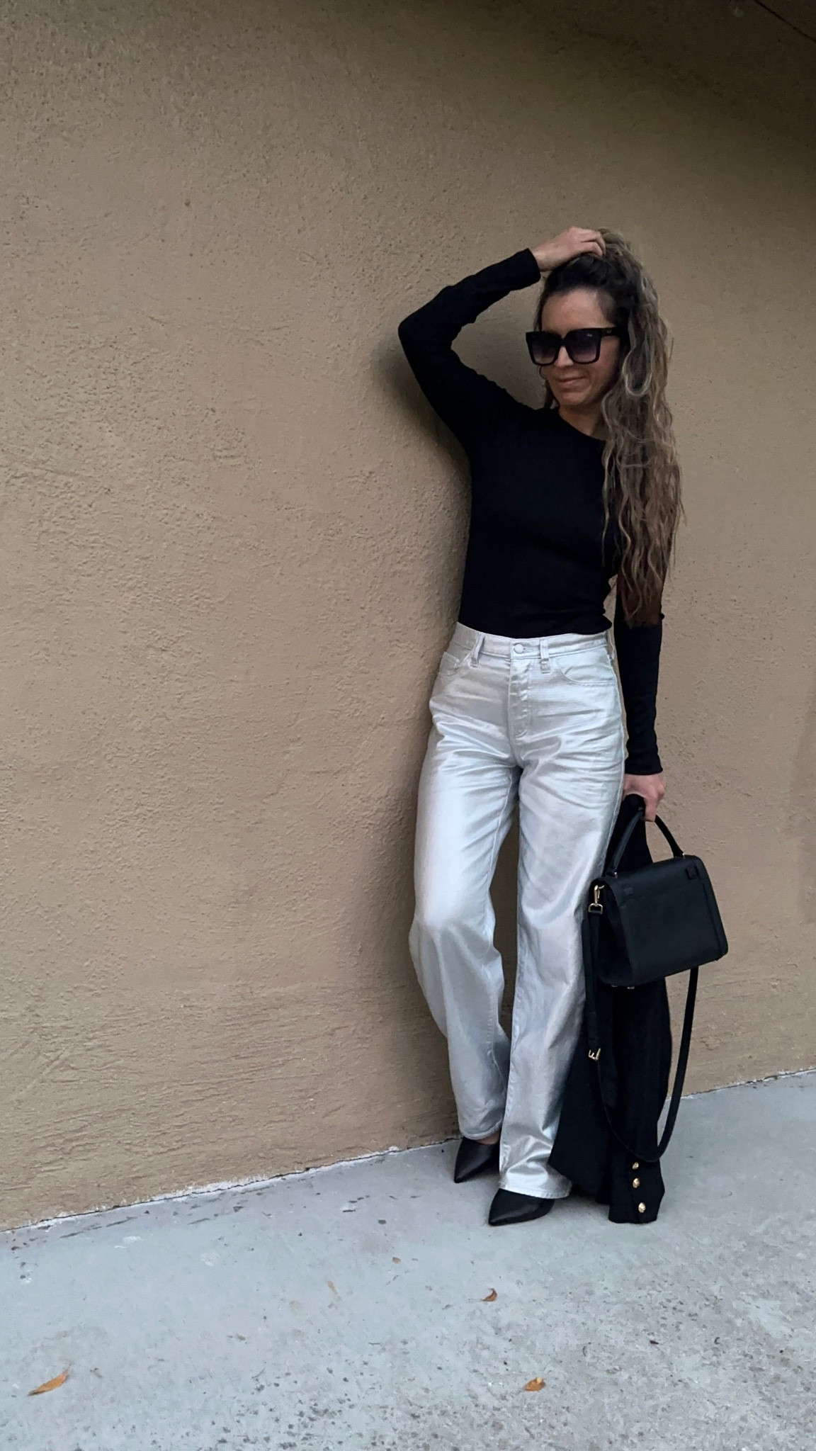 Silver mettalic pants are 90s fit jeans. True to size / wearing sz 2
I’m 5’5” 122 lbs 
Black Long sleeve t shirt is so soft. Size down. Wearing XS

Christmas outfit idea

#LTKSeasonal #LTKHoliday #LTKGiftGuide