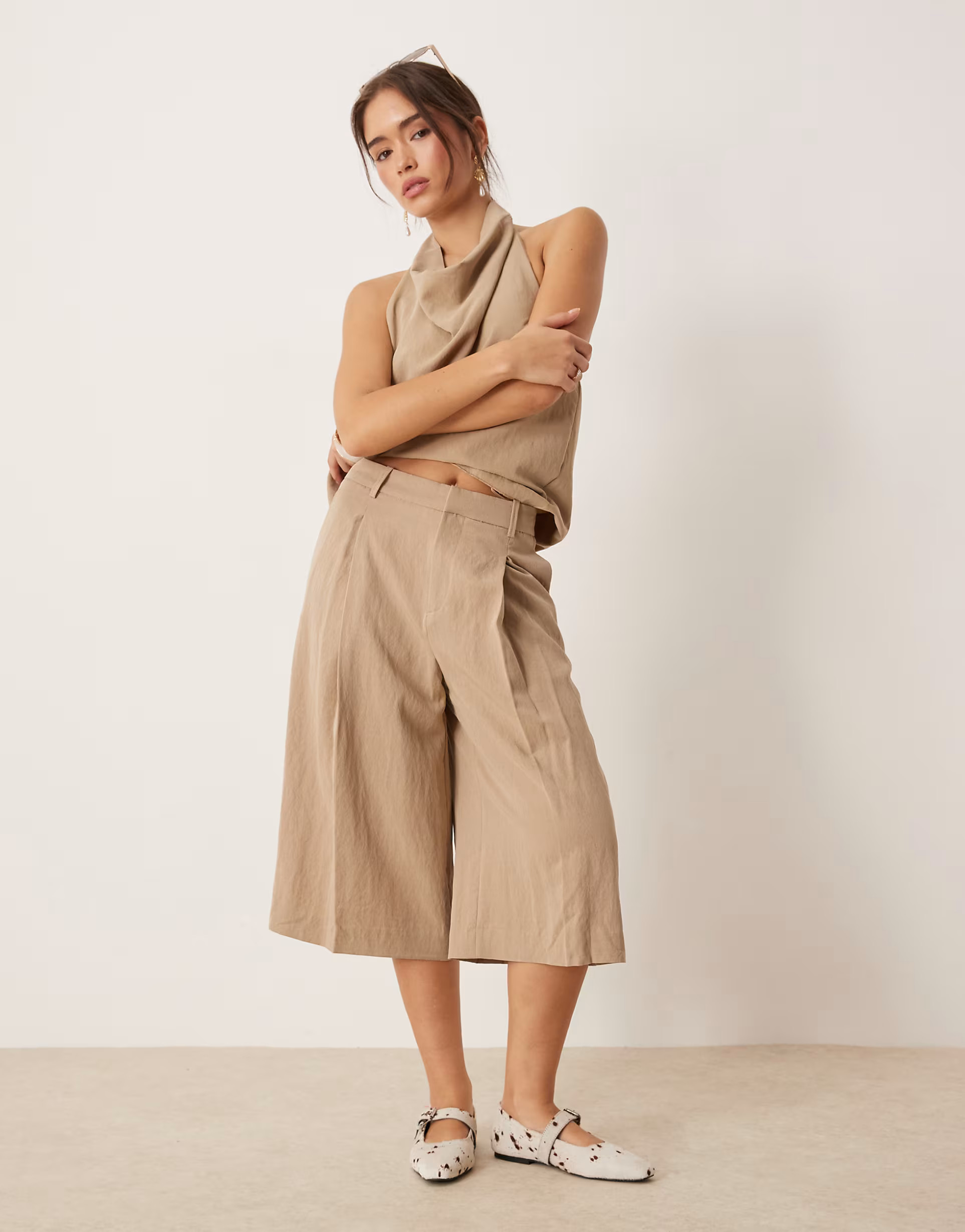 Mango long line loose fit pleat front shorts in beige - part of a set | ASOS | ASOS (Global)