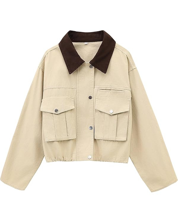 Womens Cropped Jacket Contrast Collar Utility Coat Cargo Jacket Barn Jacket Outwear with Pockets | Amazon (US)