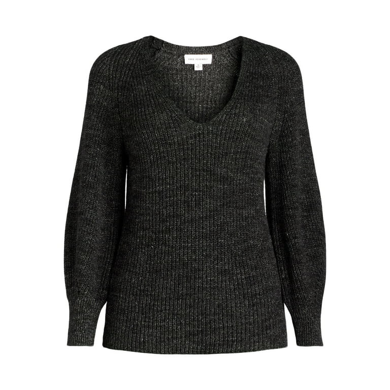 Free Assembly Women's V-Neck Sweater with Long Puff Sleeves, Midweight, Sizes XS-XXL | Walmart (US)