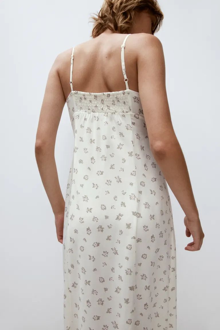 Drawstring-detail Midi Dress - Low-cut Neckline - Sleeveless - Natural white/floral - Ladies | H&... | H&M (US + CA)