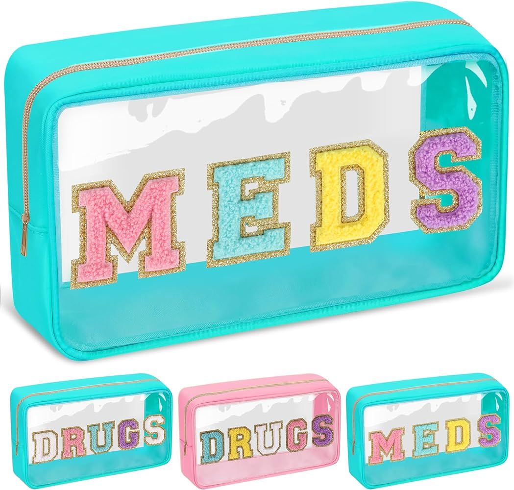 Chenille Letter Bag Clear MEDS Makeup Pouch, Preppy Cute Small Medicine Bag Travel Drugs Pills Zi... | Amazon (US)