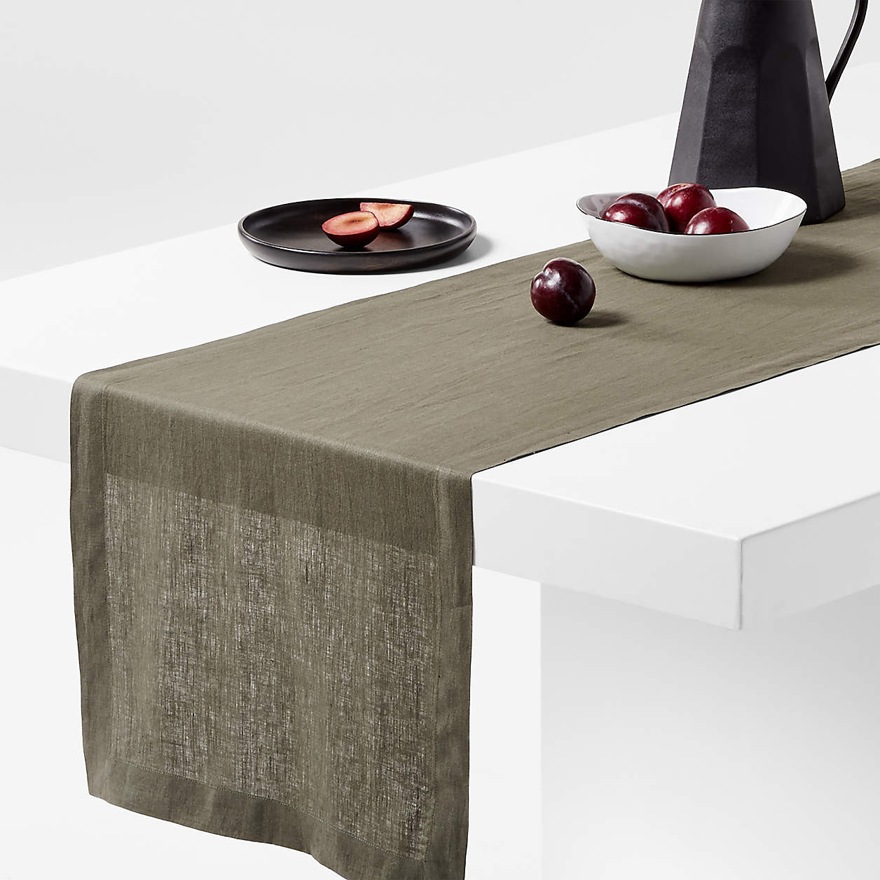 Marin 120" Desert Green EUROPEAN FLAX -Certified Linen Table Runner + Reviews | Crate & Barrel | Crate & Barrel