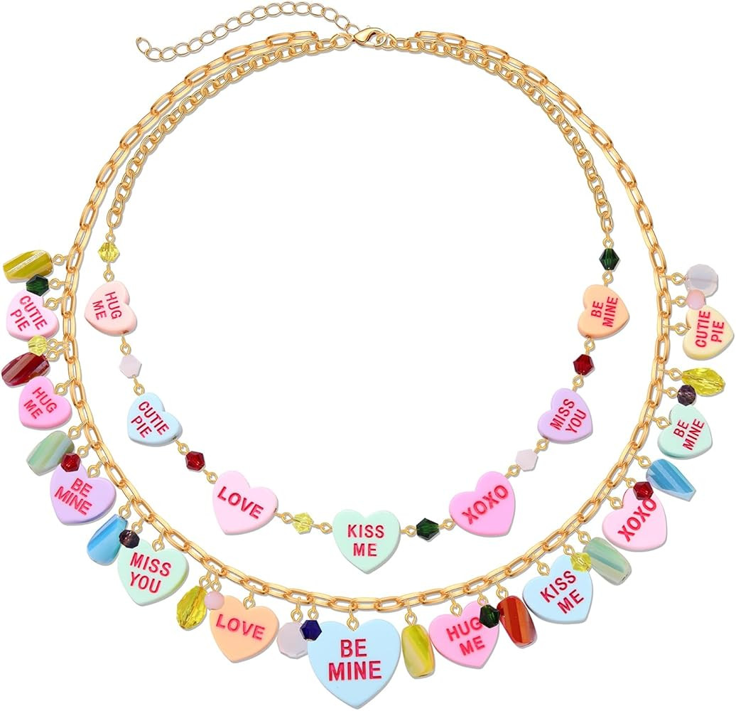 BVGA Valentines Day Necklace for Her Multi Colorful Conversation Candy Heart Rhinestone Charms La... | Amazon (US)