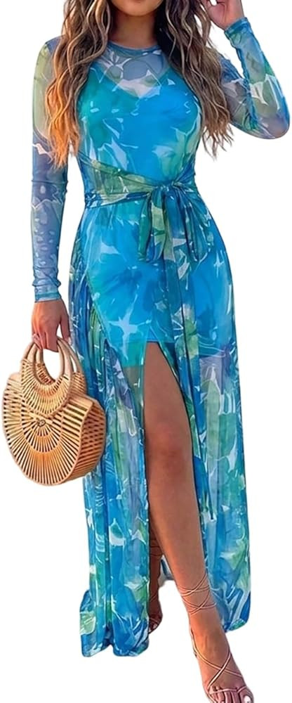 CHICME Womens 2 Piece Dress Sets Long Sleeve Tie Waist Slit Sheer Mesh Maxi Dress with V Neck Sli... | Amazon (US)