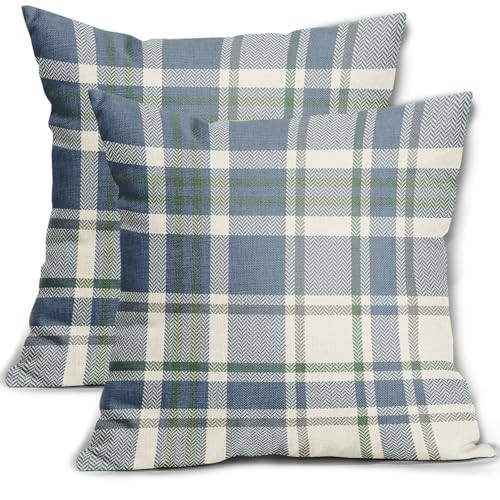 Spring Summer Plaid Pillow Covers 20x20 Set of 2 Light Blue Green Grey Tartan Buffalo Check Print Seasonal Decorative Pillowcases Outdoor Coastal Farmhouse Throw Cushion Case Decor for Couch Sofa Bed | Amazon (US)