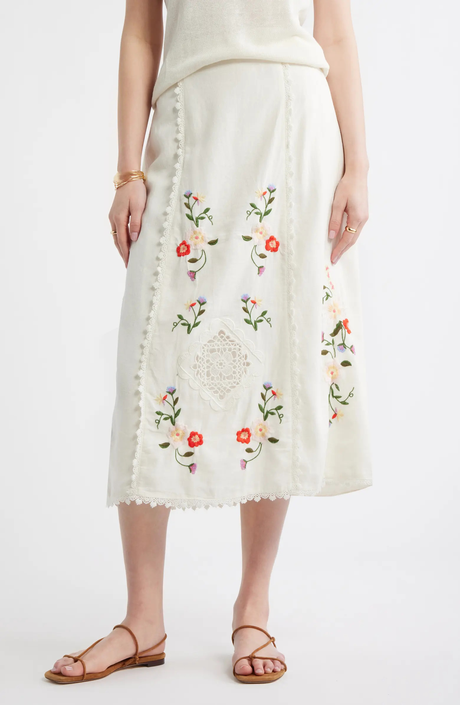 Treasure & Bond Embroidered Linen Blend Eyelet Midi Skirt | Nordstrom | Nordstrom
