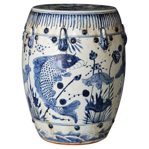 Kingyo Global Bazaar Blue White Fish Motif Outdoor Garden Stool | Kathy Kuo Home