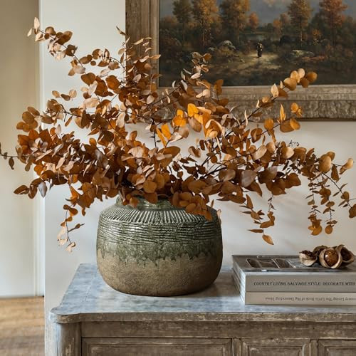 LuxenHome Rustic Ceramic Flower Vase,Brown Stoneware Vintage Pottery Decorative Vase for Dining Table Shelf Decor,8'' Tall Bowl Farmhouse Vase Living Room Decor Home Decor | Amazon (US)
