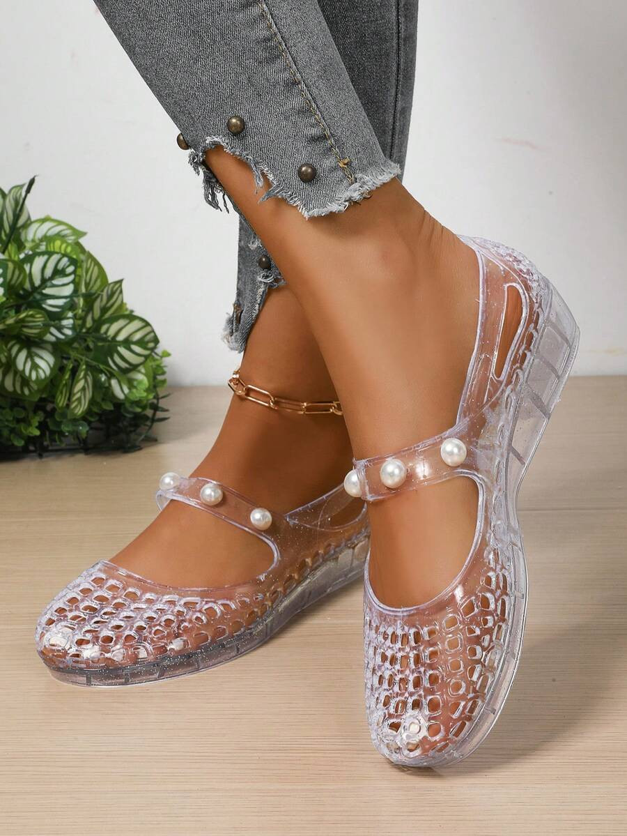 Women's Crystal Clear Jelly Hollow Out Pearl Ankle Strap Non-Slip Casual Fashionable Versatile Su... | SHEIN