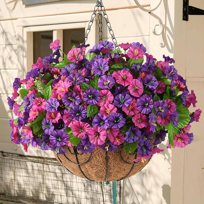 Homsunny Artificial Fake Hanging Flowers with Basket for Outdoors, Faux Silk Petunias Flower Spri... | Amazon (US)
