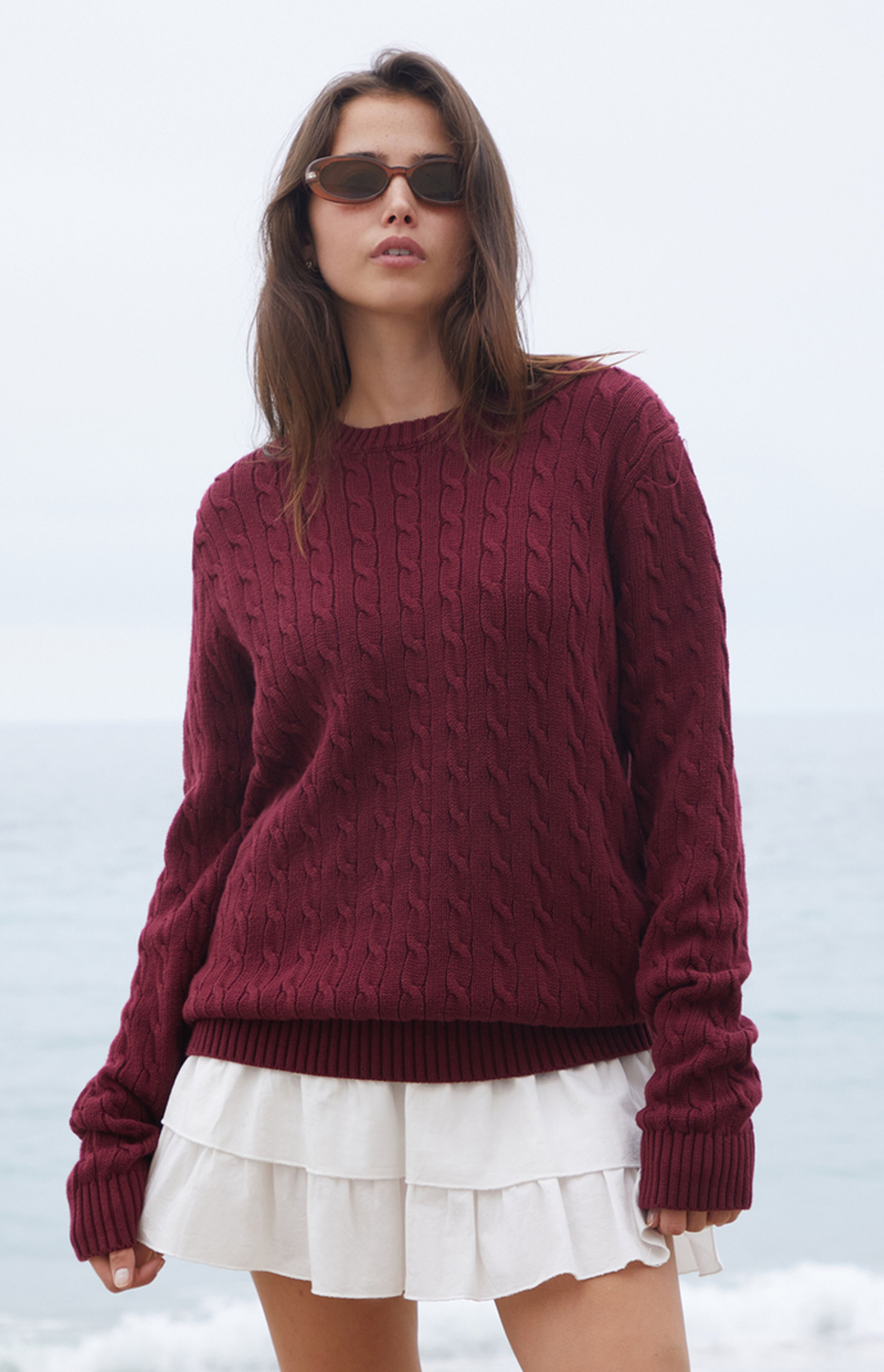 John Galt Burgundy Cable Knit Sweater | PacSun