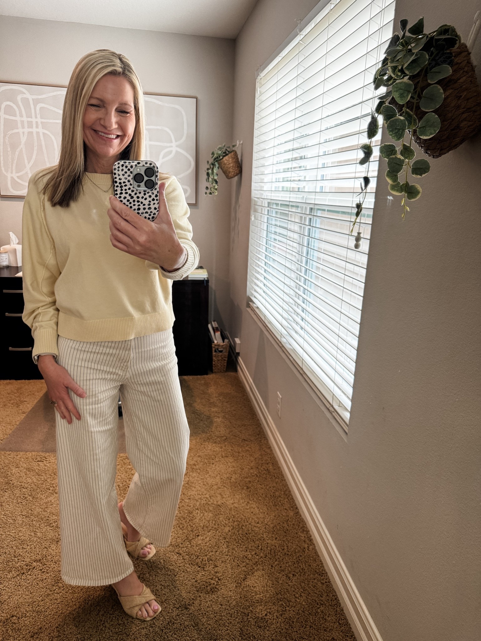 Spring work from home outfit in my butter yellow Old Navy sweater and striped sailor jeans. My wedge sandals are Target. 

#LTKWorkwear #LTKootd #LTKOver40