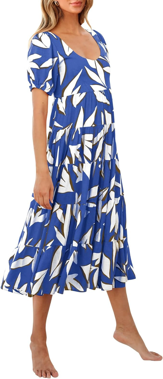 BTFBM Casual Women Summer Dresses 2024 Puff Sleeve Floral Maxi Dresses Smocked Backless Flowy Tie... | Amazon (US)