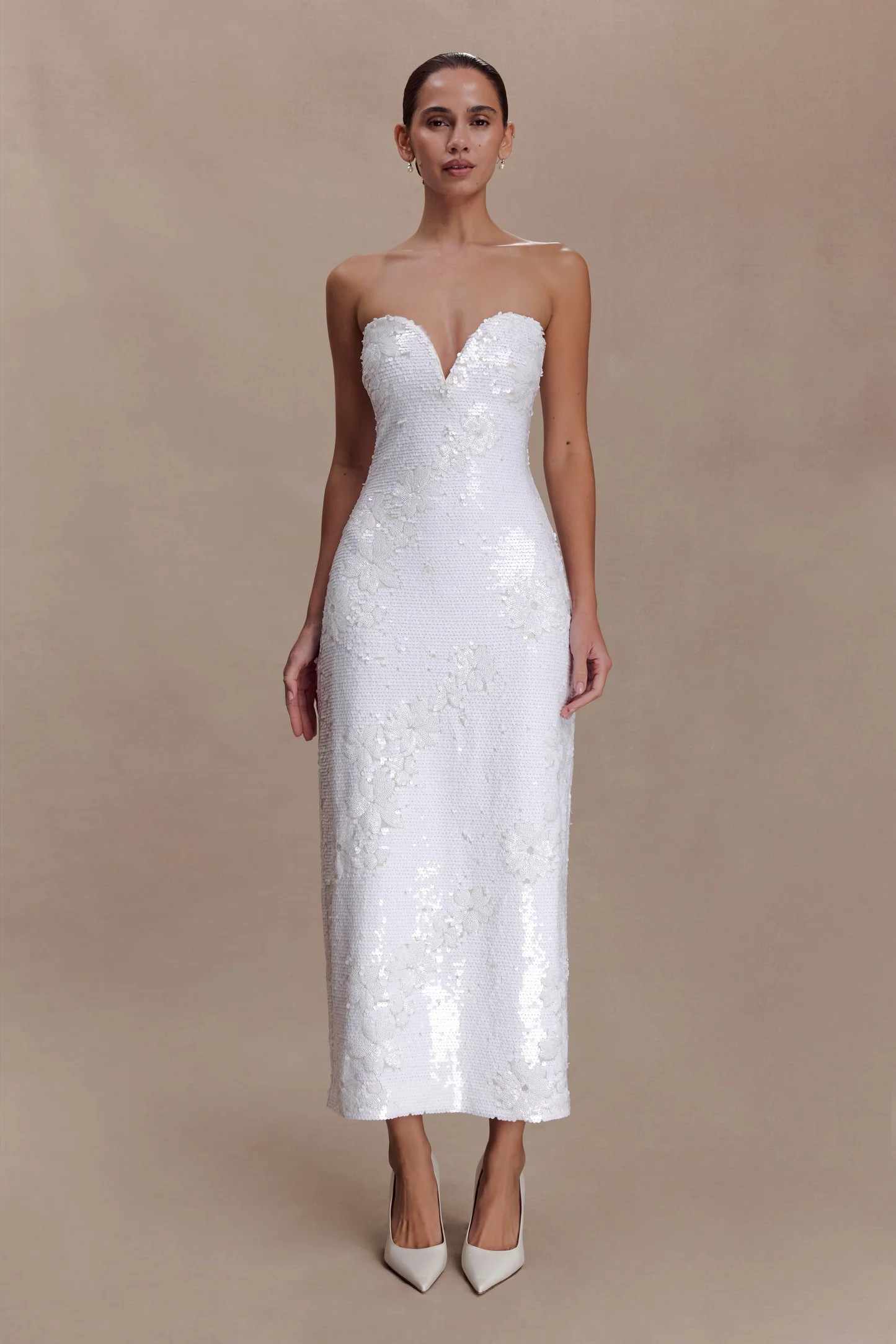 Strapless Sequin Midi Dress - White | MESHKI US