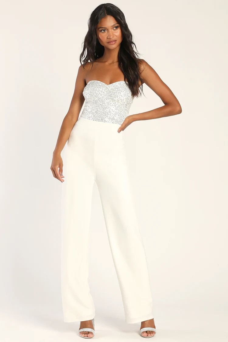 Total Hottie White Sequin Strapless Jumpsuit | Lulus (US)
