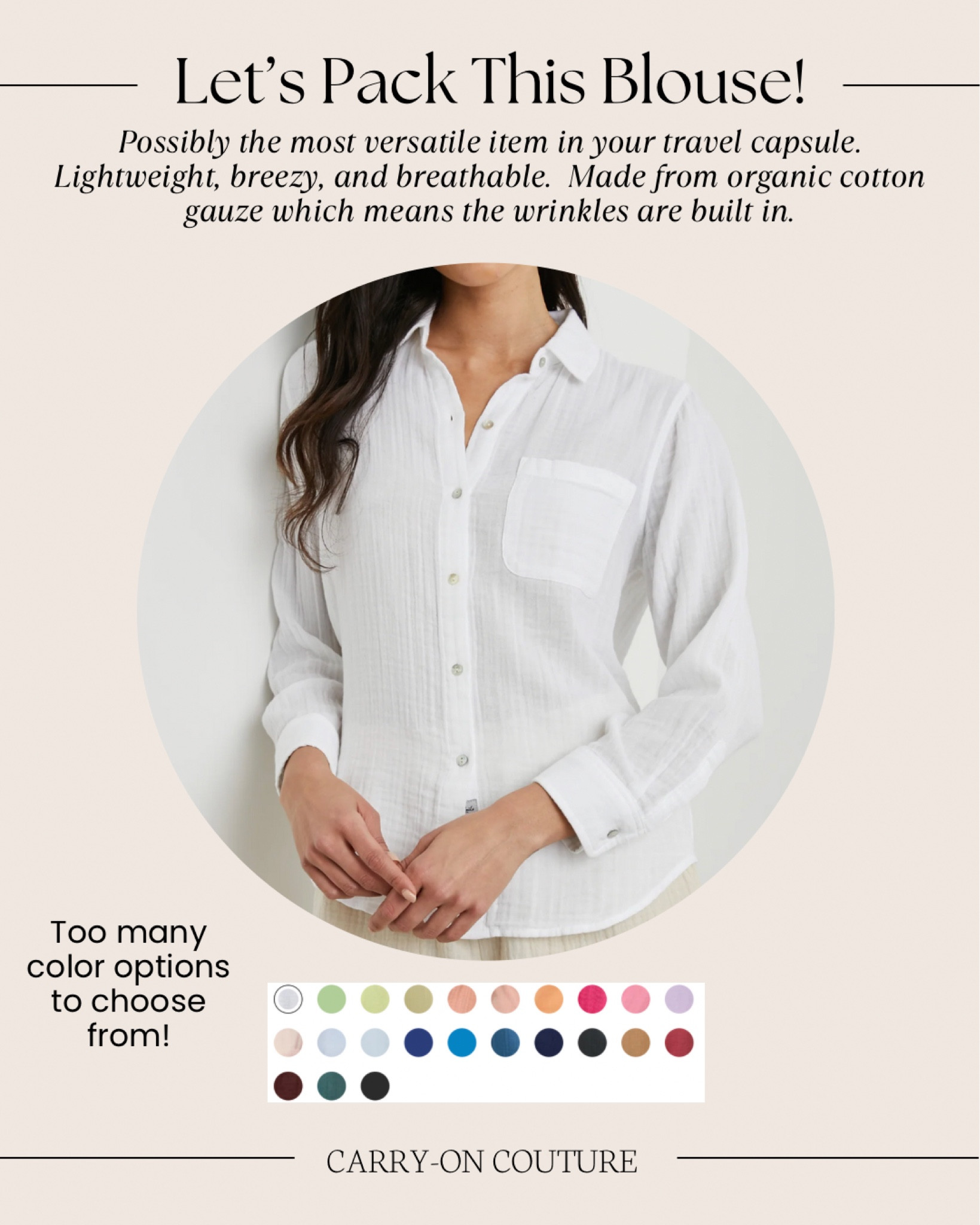 Possibly the most versatile item in your travel capsule!  This gauzy material means the wrinkles are built in.  Wear it alone as a blouse - tucked in or knotted at the waist, wear open as a lightweight outer layer, or wear as a swimsuit cover-up. 

#LTKOver40 #LTKTravel