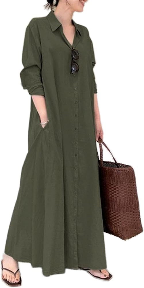 Womens Cotton Linen Button Down Shirt Dress Casual V Neck Long Sleeve Basic Loose Fit Maxi Dresse... | Amazon (US)