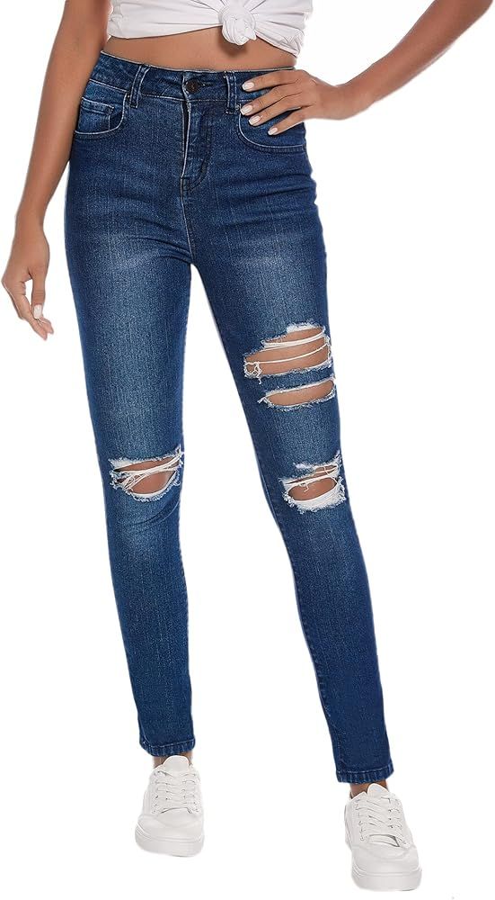 Resfeber Women's Ripped Boyfriend Jeans Cute Distressed Jeans Stretch Skinny Jeans with Hole at A... | Amazon (US)